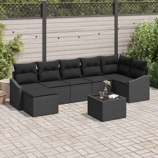 Ensemble de Canapés avec coussin 8 pcs Noir polyrotin