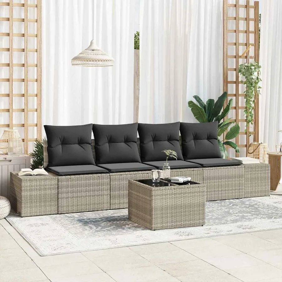 Ensemble de Canapés avec coussin 5 pcs Gris clair polyrotin