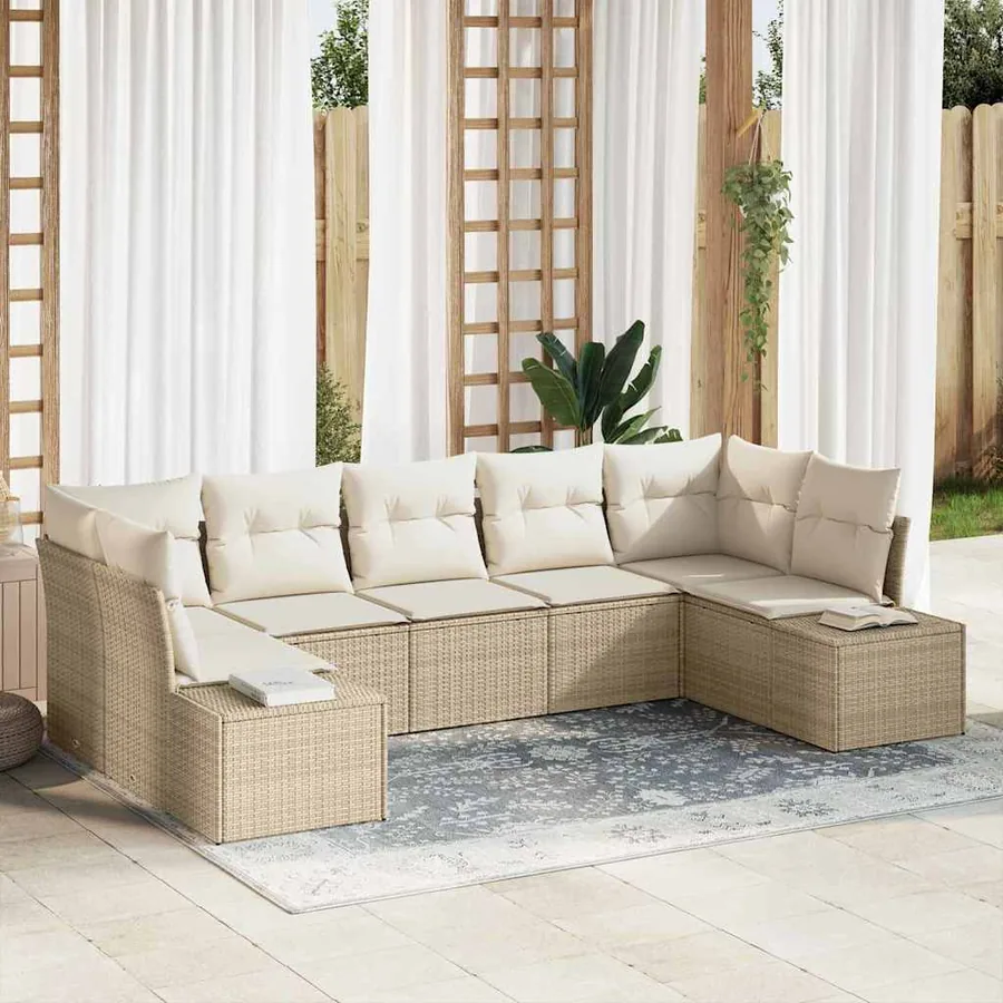 Ensemble de canapé de jardin avec coussin 7 pcs Beige polyrotin