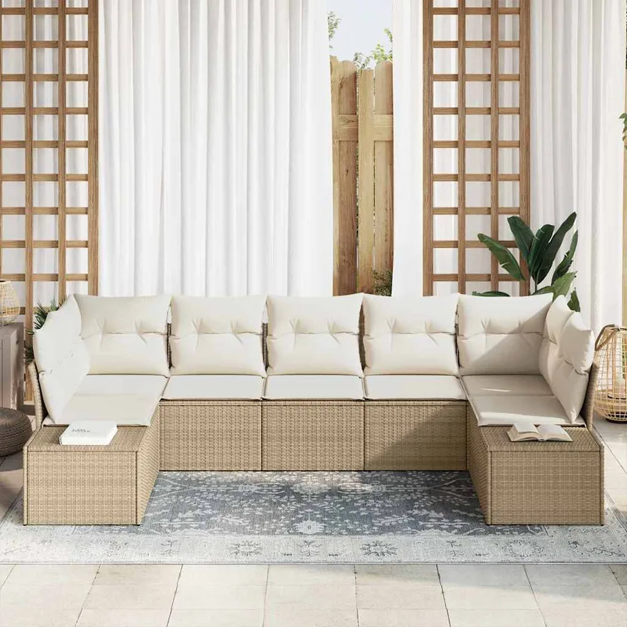 Ensemble de canapé de jardin avec coussin 7 pcs Beige polyrotin - 3