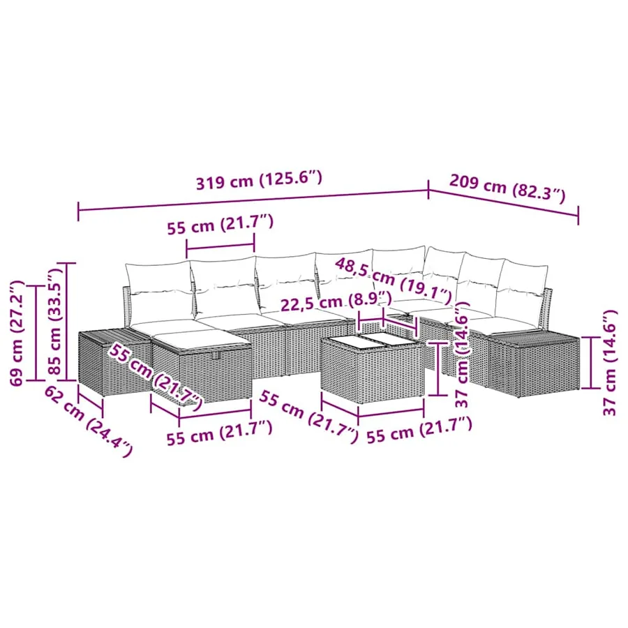 Ensemble de canapé de jardin 9 pcs Gris clair polyrotin - 11