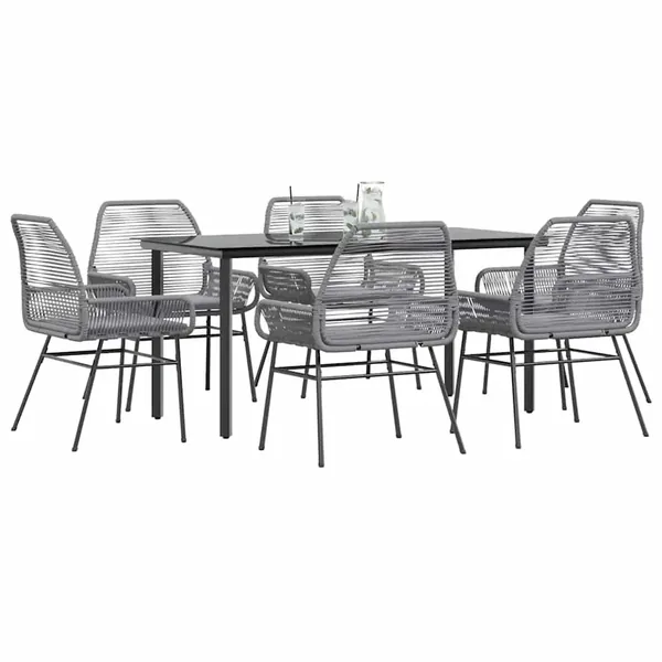 Ensemble à manger jardin coussins 7 pcs gris poly rotin verre