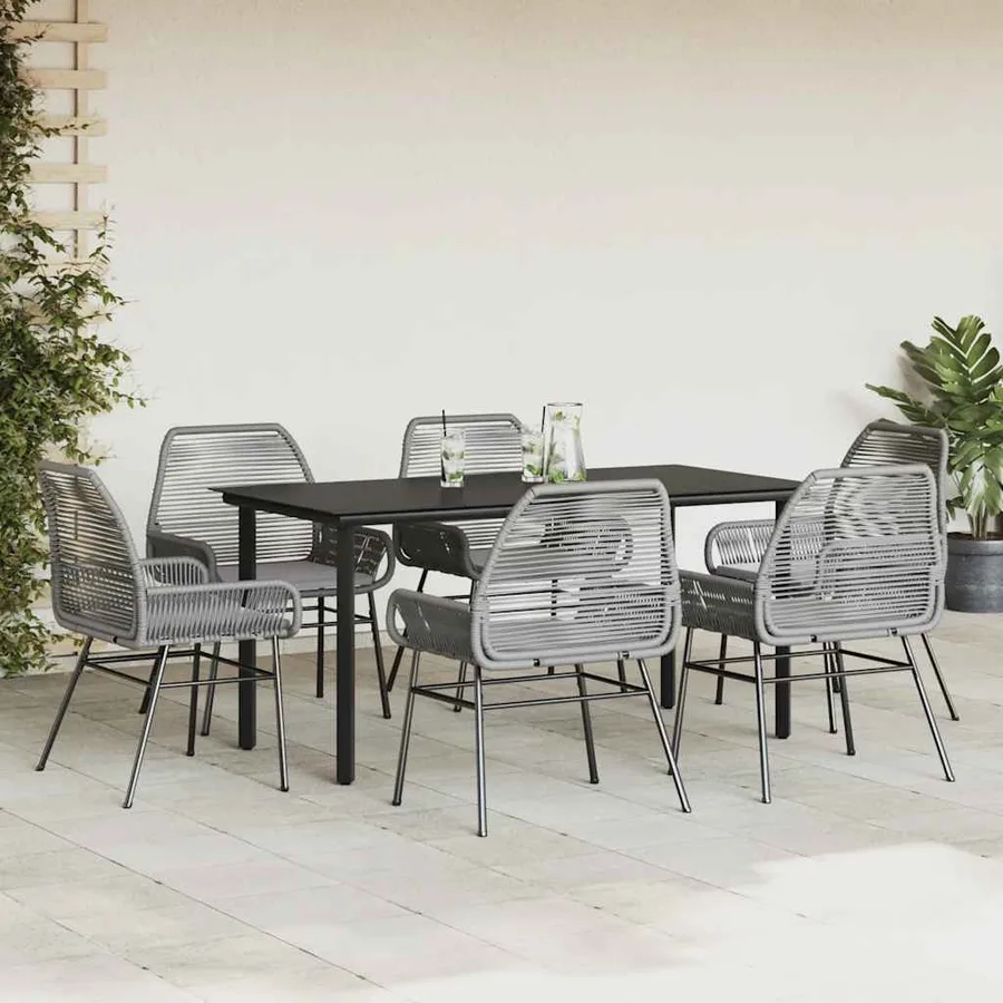 Ensemble à manger jardin coussins 7 pcs gris poly rotin verre - 3