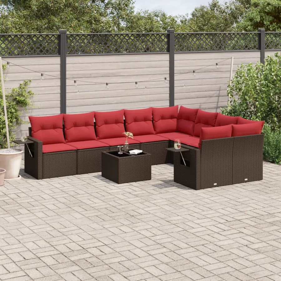 Ensemble de canapé de jardin 10 pcs avec coussins marron résine tressée