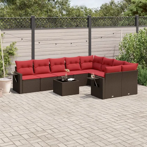 Ensemble de canapé de jardin 10 pcs avec coussins marron résine tressée