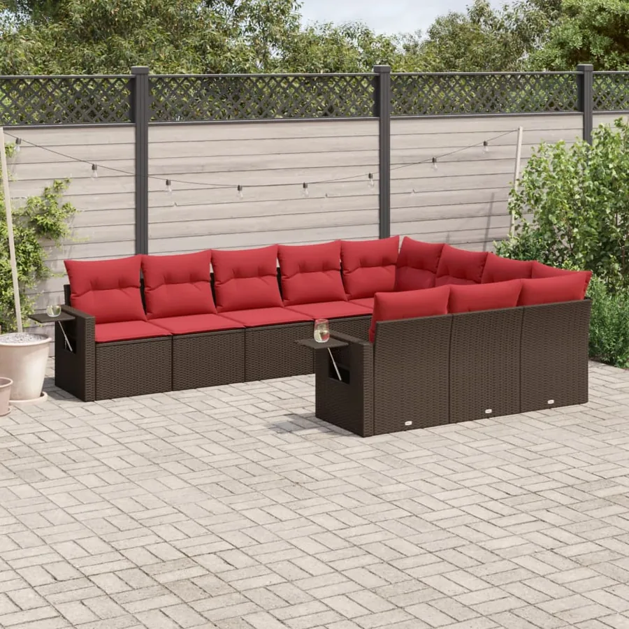 Ensemble de canapé de jardin 10 pcs avec coussins marron résine tressée