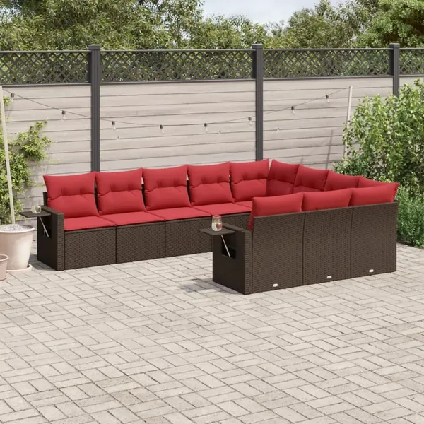 Ensemble de canapé de jardin 10 pcs avec coussins marron résine tressée