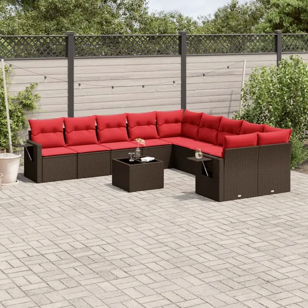 Ensemble de canapé de jardin 11 pcs avec coussins marron résine tressée