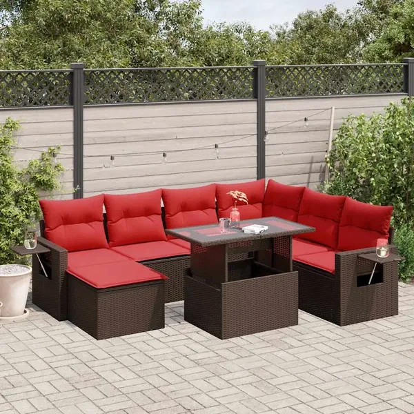 Ensemble de canapé de jardin 8 pcs avec coussins marron résine tressée