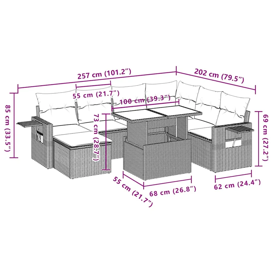 Ensemble de canapé de jardin 8 pcs avec coussins marron résine tressée - 12