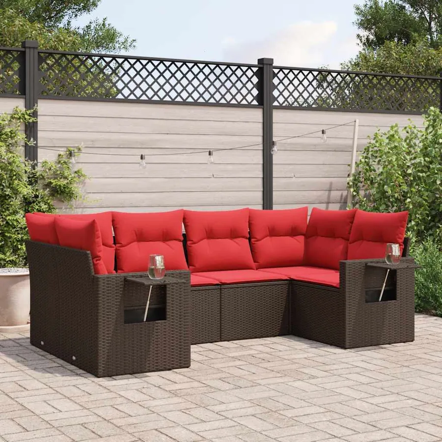 Ensemble de canapé de jardin 6 pcs avec coussins marron résine tressée