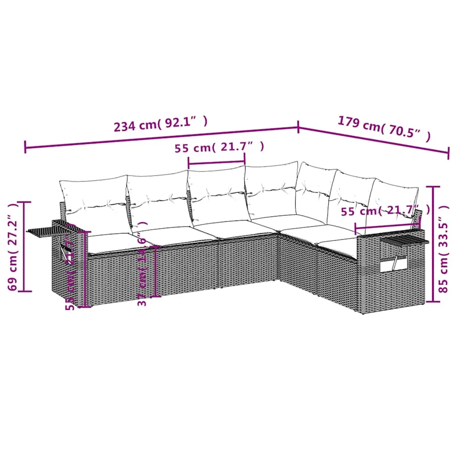 Ensemble de canapé de jardin 6 pcs avec coussins marron résine tressée - 8