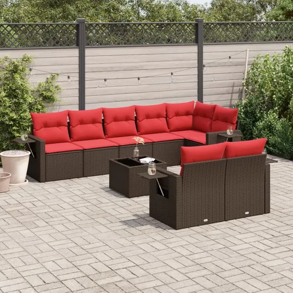 Ensemble de canapé de jardin 9 pcs avec coussins marron résine tressée