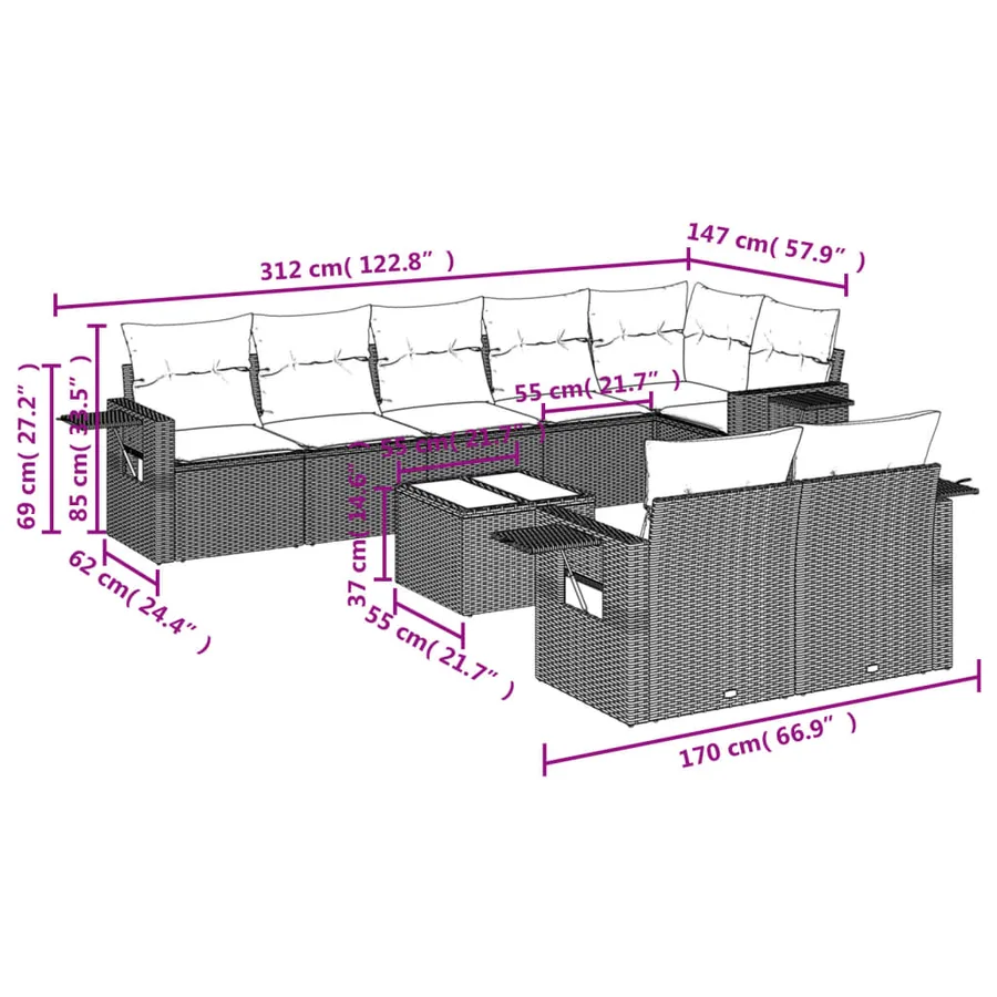Ensemble de canapé de jardin 9 pcs avec coussins marron résine tressée - 9