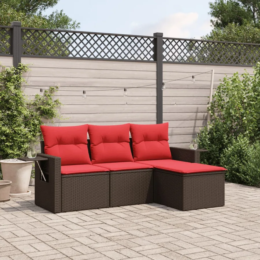 Ensemble de canapé de jardin 4 pcs avec coussins marron résine tressée