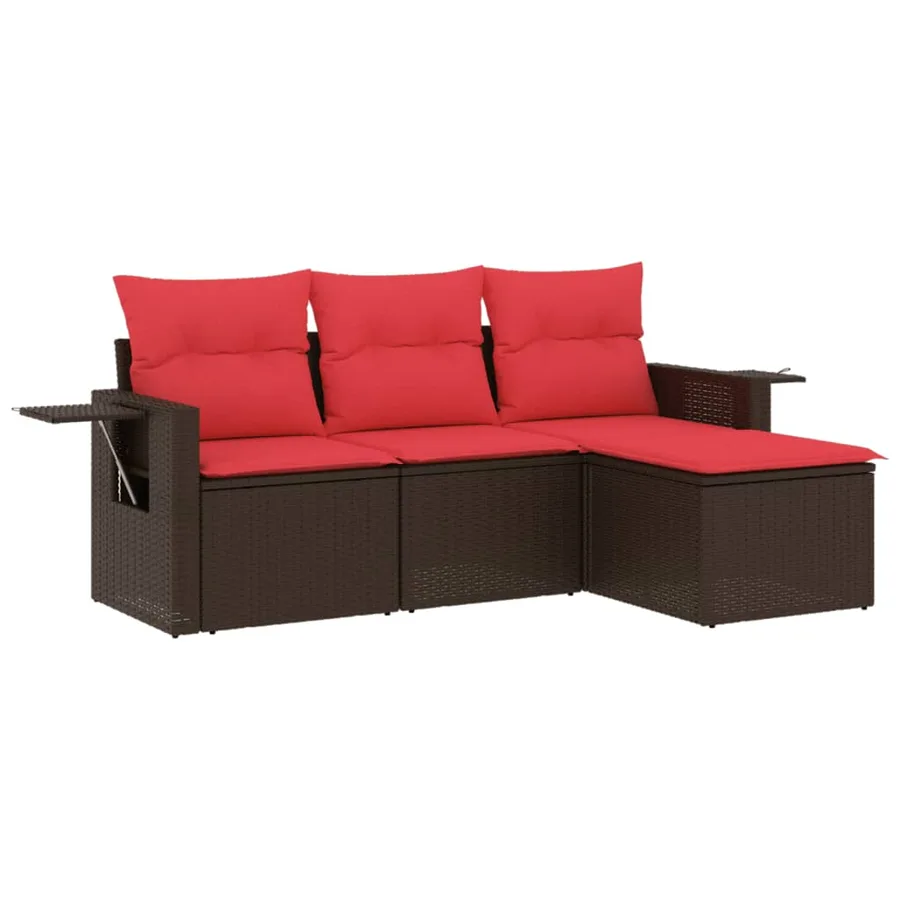Ensemble de canapé de jardin 4 pcs avec coussins marron résine tressée - 2