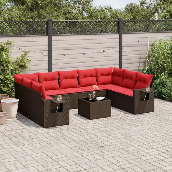 Ensemble de canapé de jardin 10 pcs avec coussins marron résine tressée