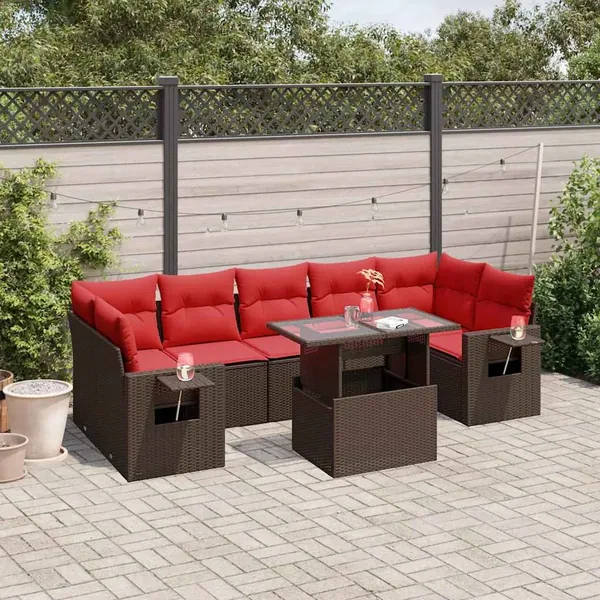 Ensemble de canapé de jardin 8 pcs avec coussins marron résine tressée
