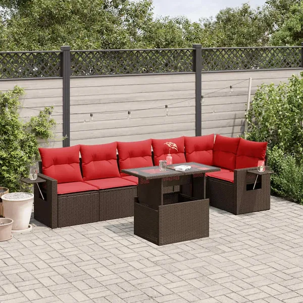 Ensemble de canapé de jardin 7 pcs avec coussins marron résine tressée