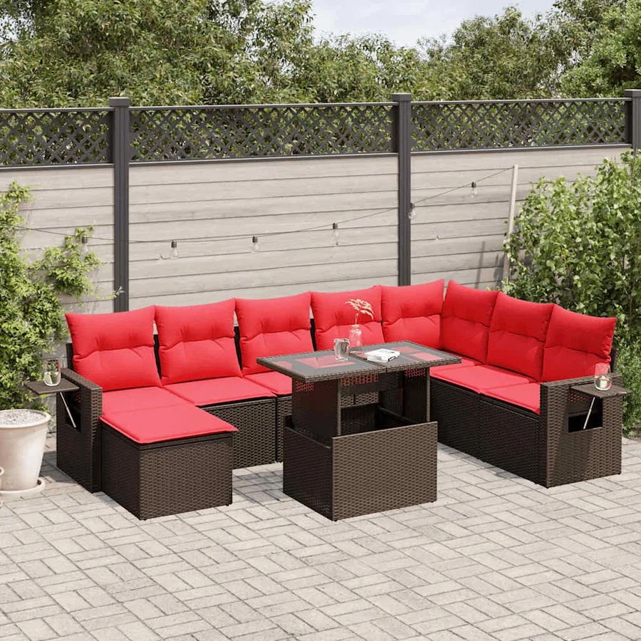 Ensemble de canapé de jardin 9 pcs avec coussins marron résine tressée