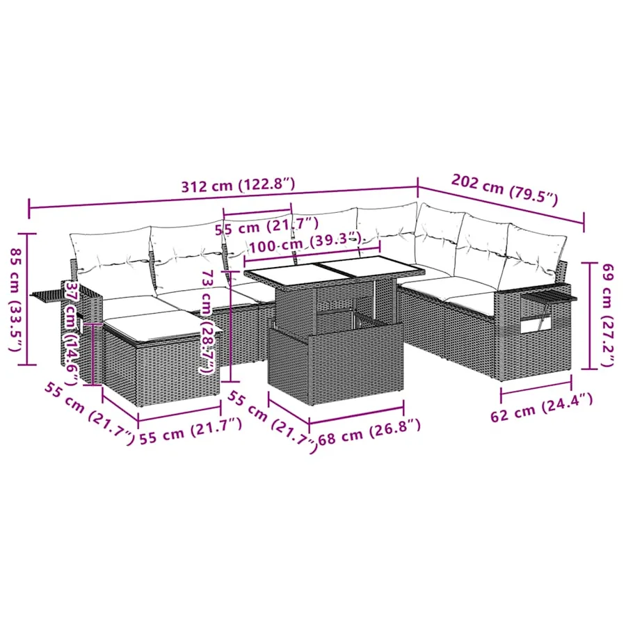 Ensemble de canapé de jardin 9 pcs avec coussins marron résine tressée - 12