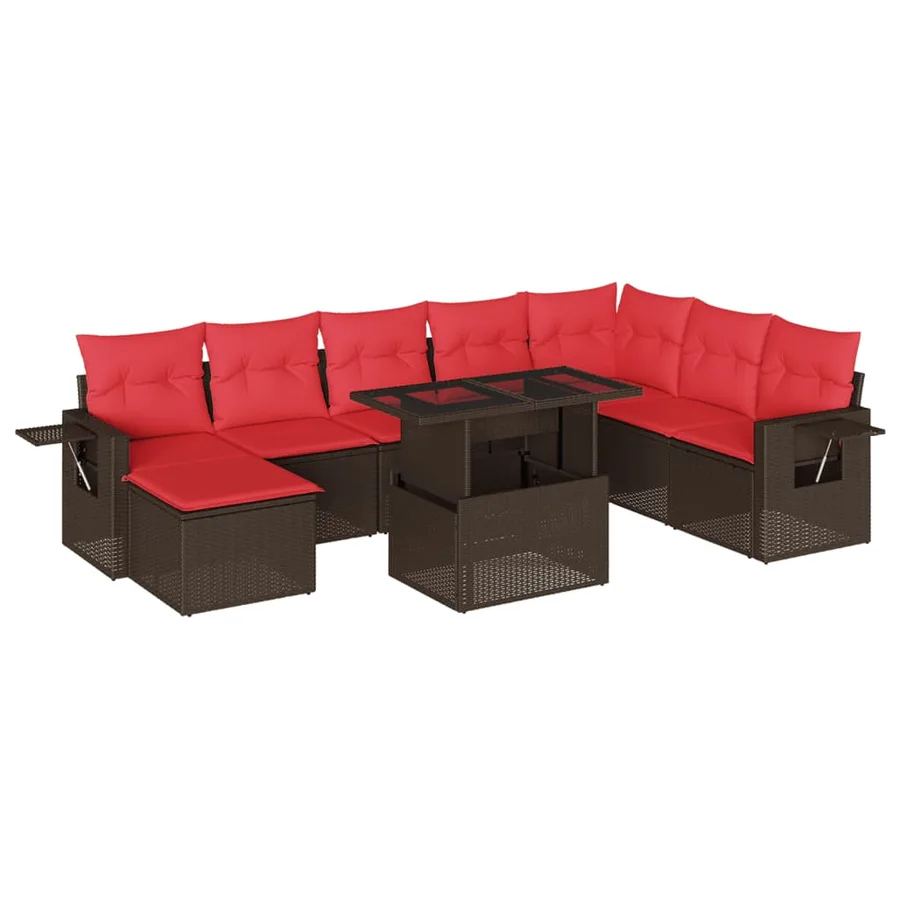 Ensemble de canapé de jardin 9 pcs avec coussins marron résine tressée - 2