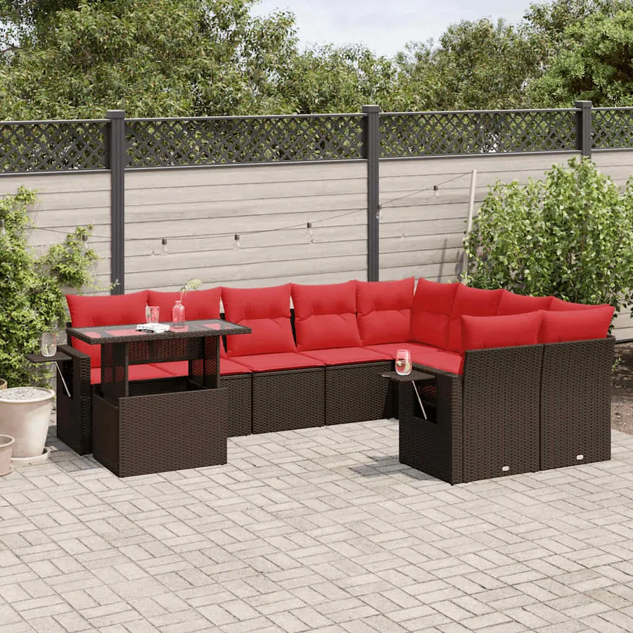 Ensemble de canapé de jardin 10 pcs avec coussins marron résine tressée