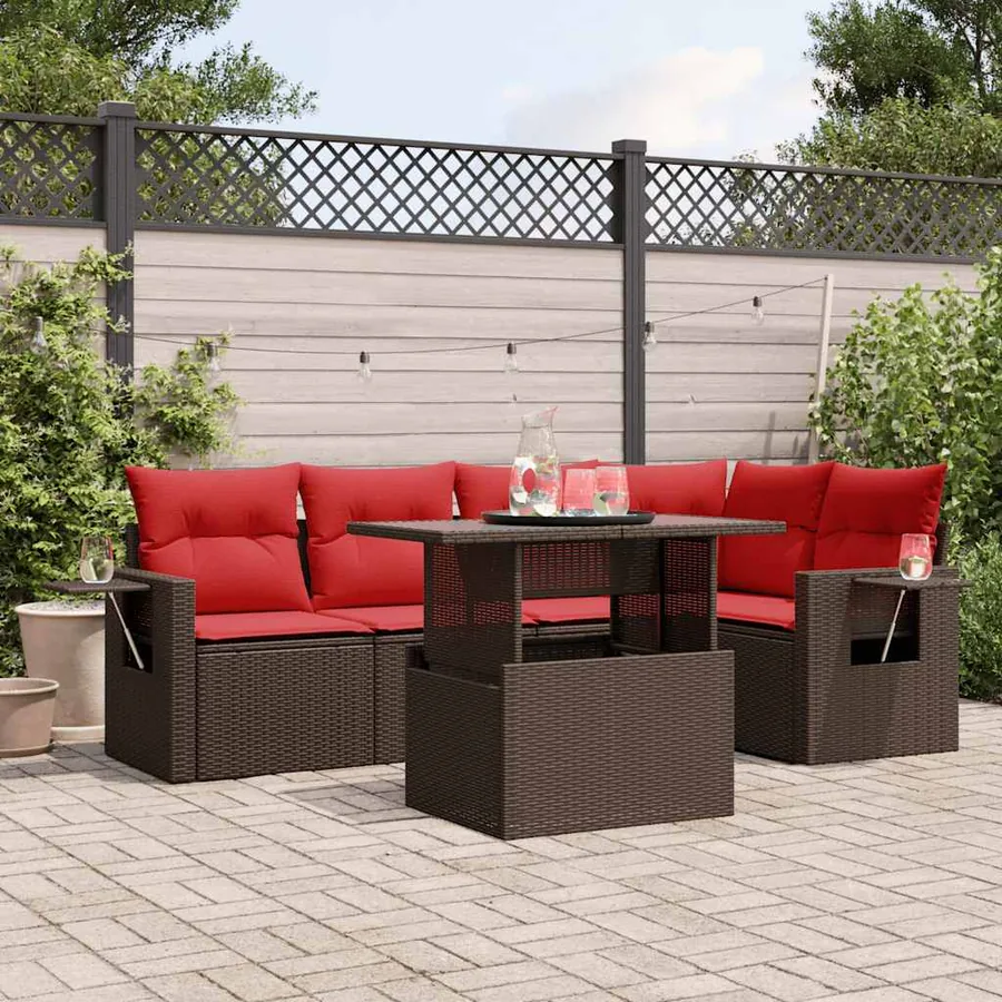 Ensemble de canapé de jardin 6 pcs avec coussins marron résine tressée