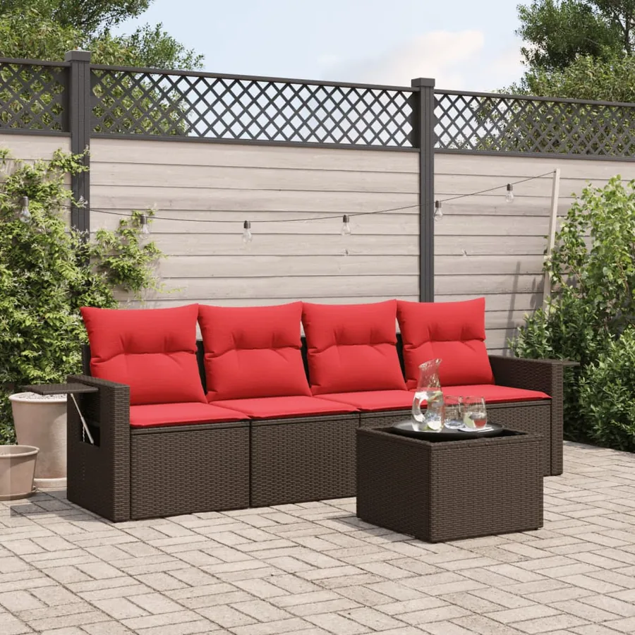 Ensemble de canapé de jardin 5 pcs avec coussins marron résine tressée