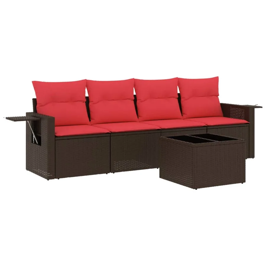 Ensemble de canapé de jardin 5 pcs avec coussins marron résine tressée - 2