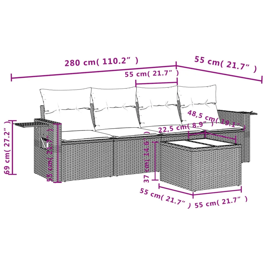 Ensemble de canapé de jardin 5 pcs avec coussins marron résine tressée - 8