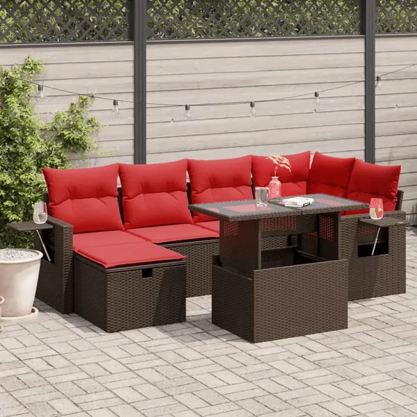 Ensemble de canapé de jardin 7 pcs avec coussins marron résine tressée