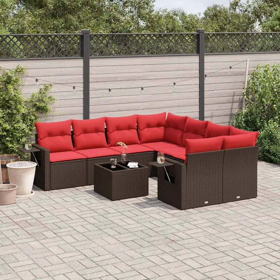 Ensemble de canapé de jardin 9 pcs avec coussins marron résine tressée
