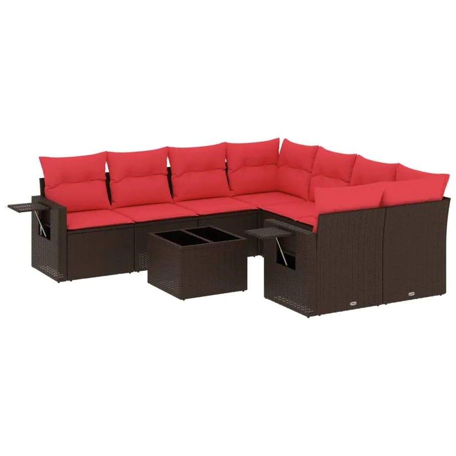 Ensemble de canapé de jardin 9 pcs avec coussins marron résine tressée - 2
