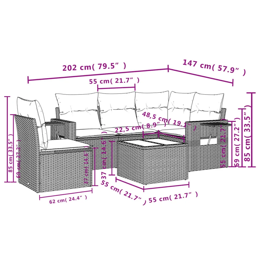 Ensemble de canapé de jardin 6 pcs avec coussins marron résine tressée - 9