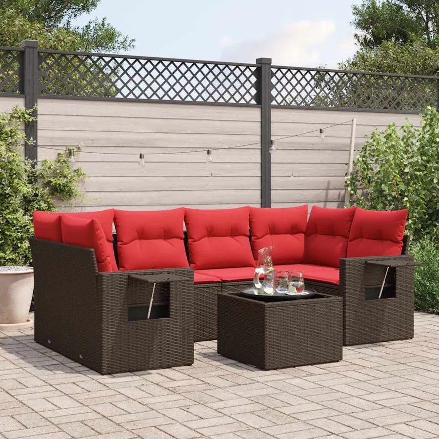Ensemble de canapé de jardin 7 pcs avec coussins marron résine tressée