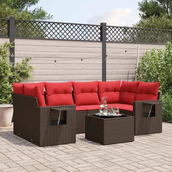 Ensemble de canapé de jardin 7 pcs avec coussins marron résine tressée