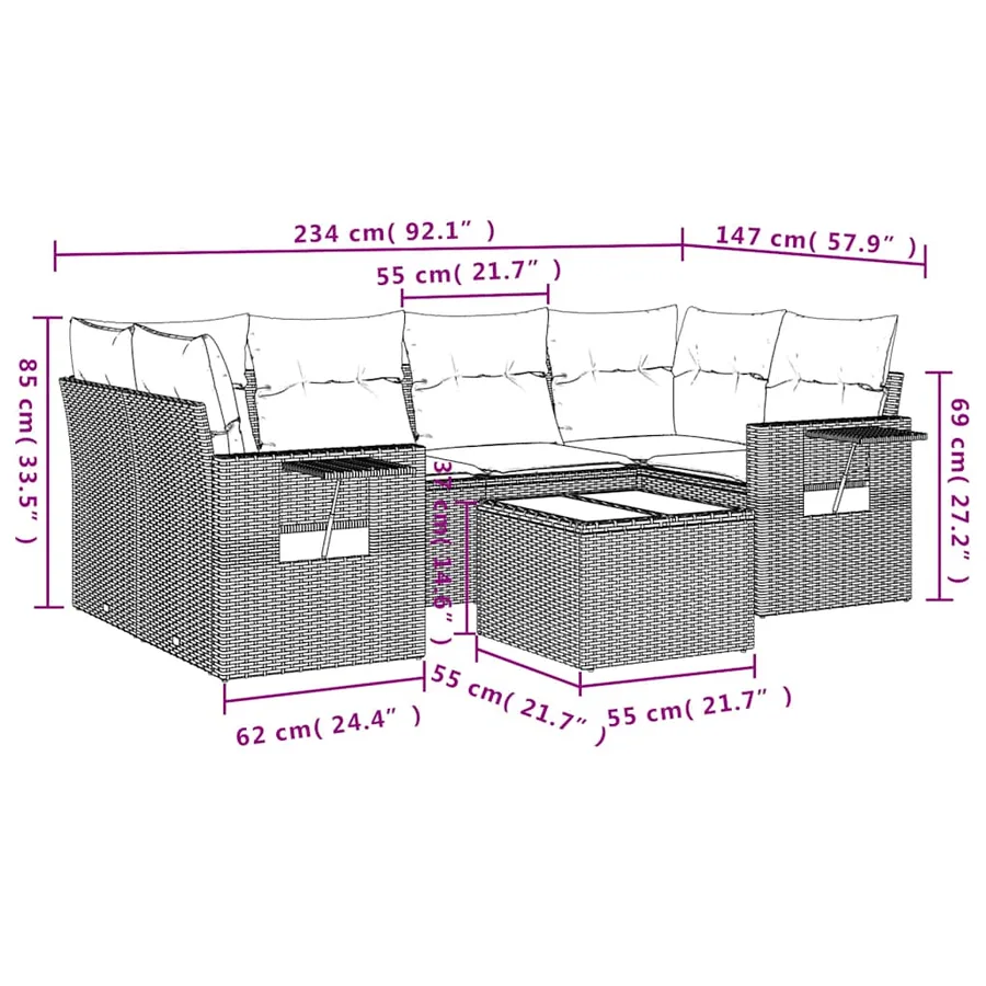 Ensemble de canapé de jardin 7 pcs avec coussins marron résine tressée - 9