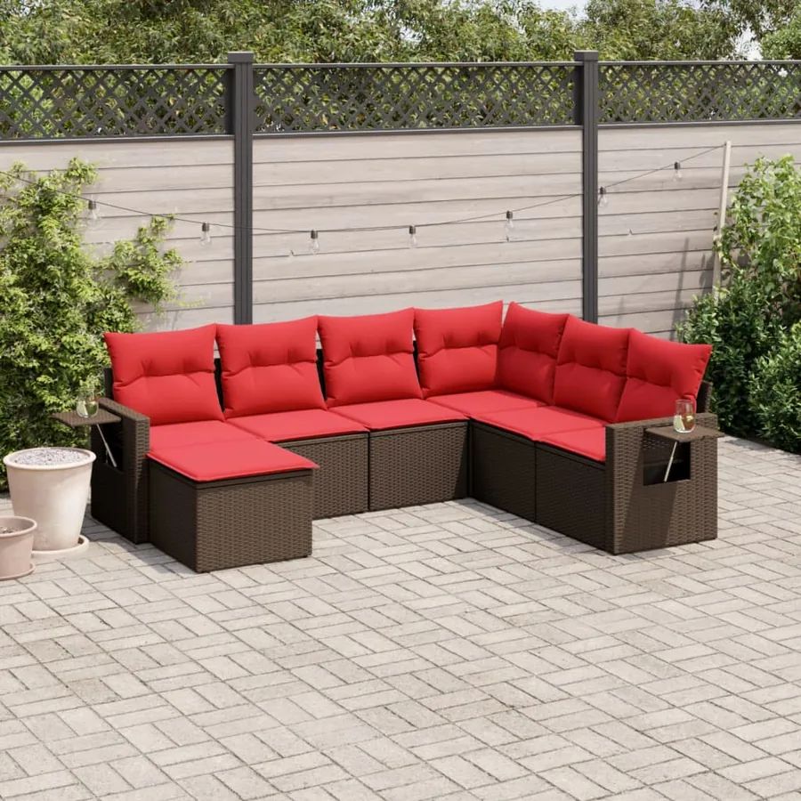 Ensemble de canapé de jardin 7 pcs avec coussins marron résine tressée