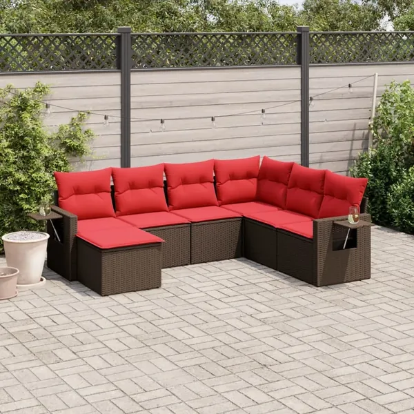 Ensemble de canapé de jardin 7 pcs avec coussins marron résine tressée