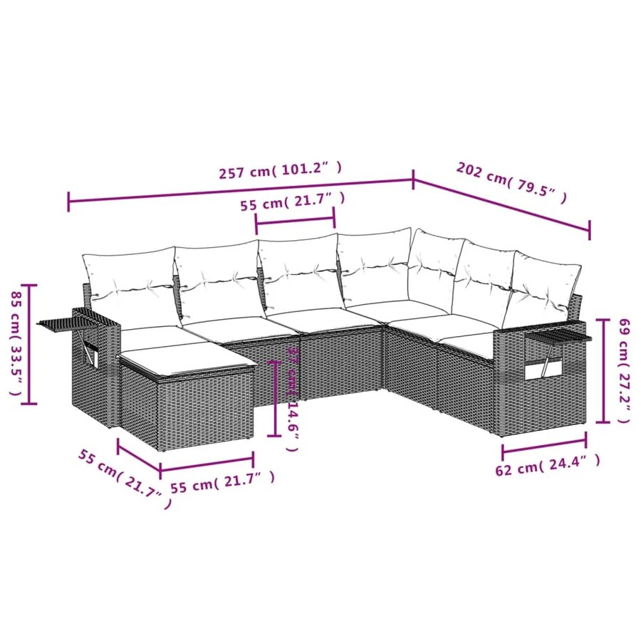 Ensemble de canapé de jardin 7 pcs avec coussins marron résine tressée - 9