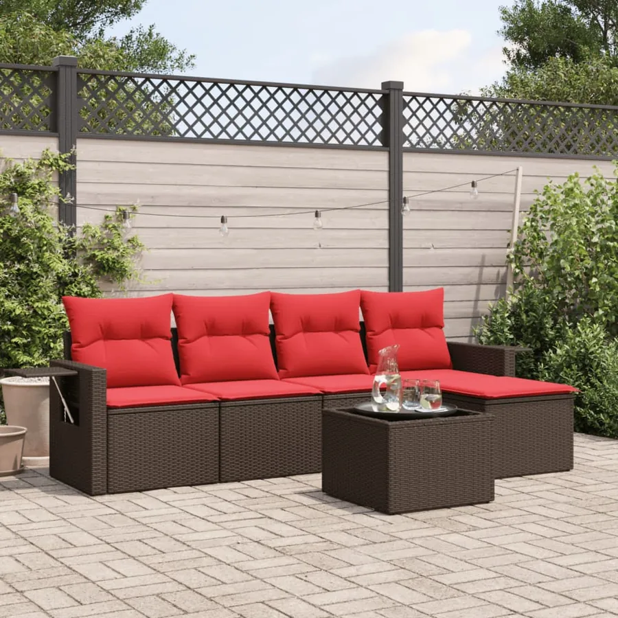 Ensemble de canapé de jardin 6 pcs avec coussins marron résine tressée
