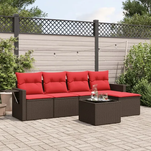 Ensemble de canapé de jardin 6 pcs avec coussins marron résine tressée