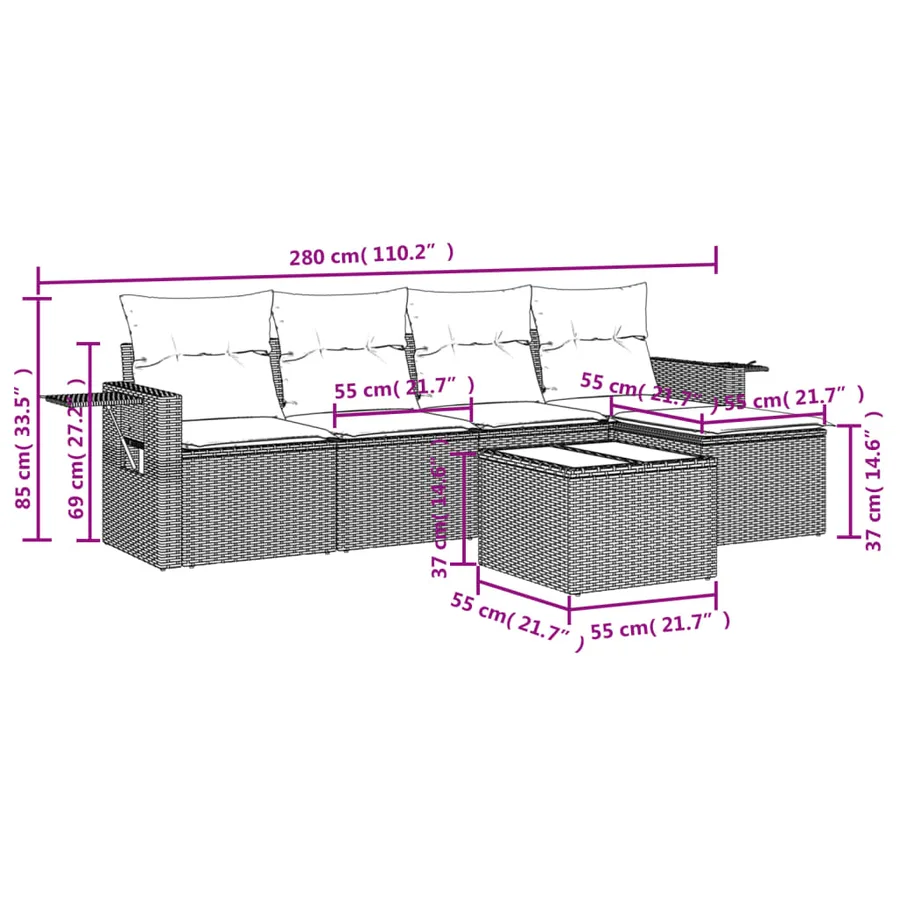 Ensemble de canapé de jardin 6 pcs avec coussins marron résine tressée - 9