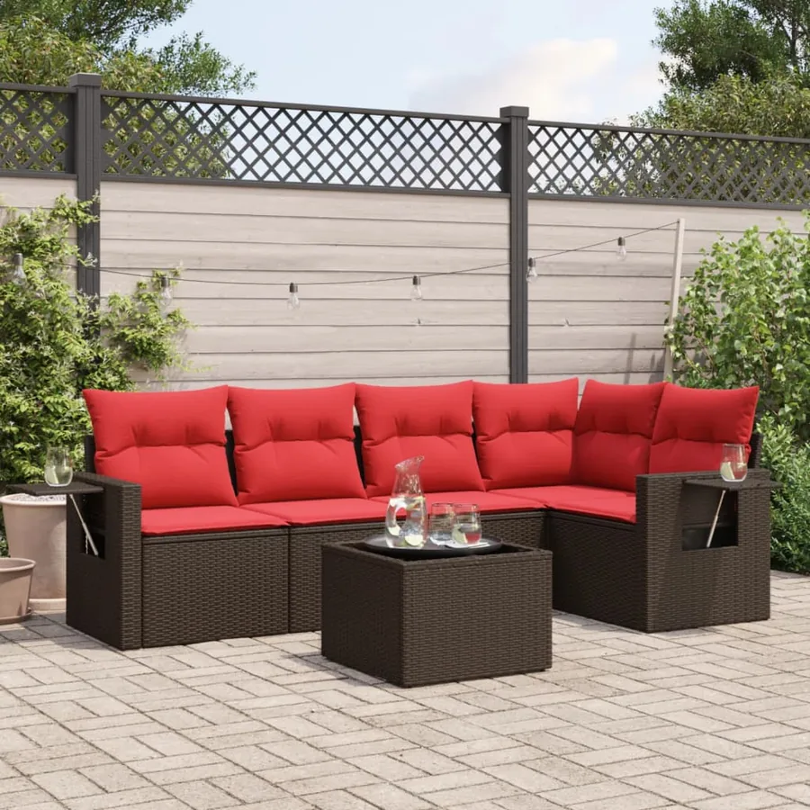 Ensemble de canapé de jardin 6 pcs avec coussins marron résine tressée