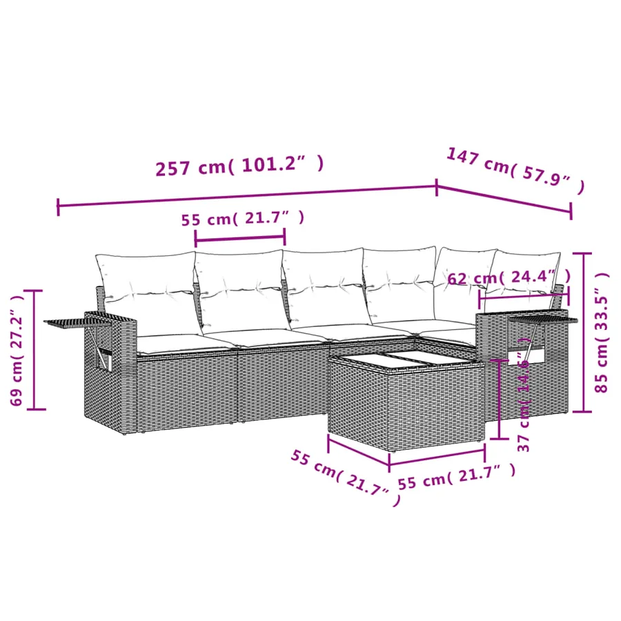 Ensemble de canapé de jardin 6 pcs avec coussins marron résine tressée - 9