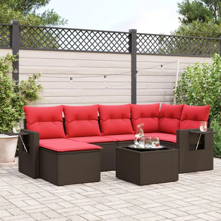 Ensemble de canapé de jardin 7 pcs avec coussins marron résine tressée
