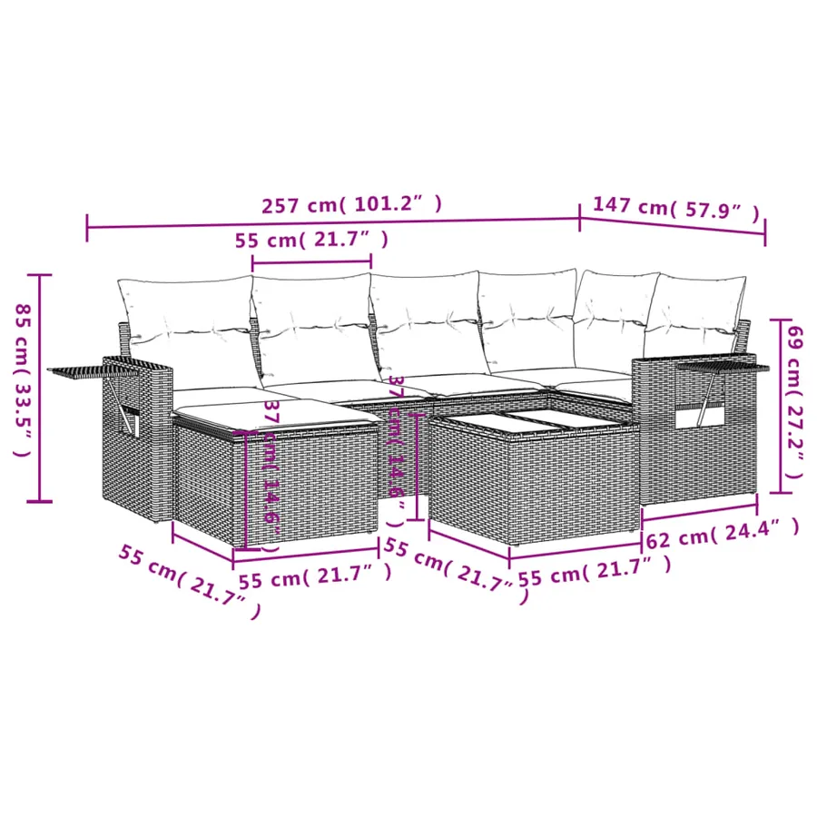 Ensemble de canapé de jardin 7 pcs avec coussins marron résine tressée - 10