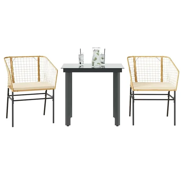 Ensemble à manger jardin coussins 3pcs marron poly rotin verre