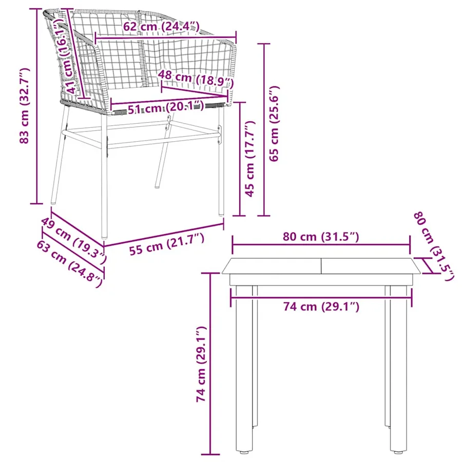 Ensemble à manger jardin coussins 3pcs marron poly rotin verre - 10